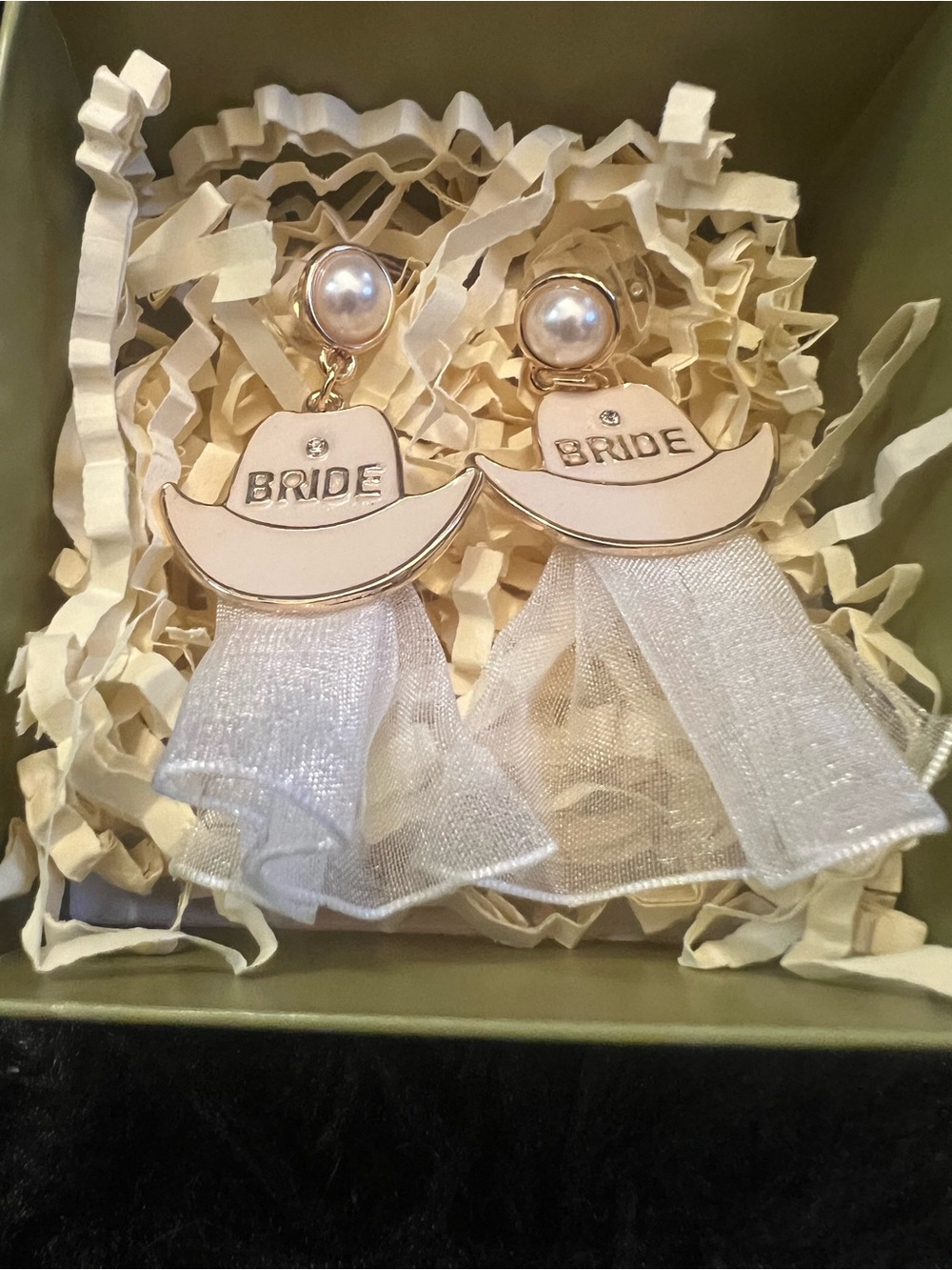 Bride White Pearl Cowboy Hat Drop Earrings by